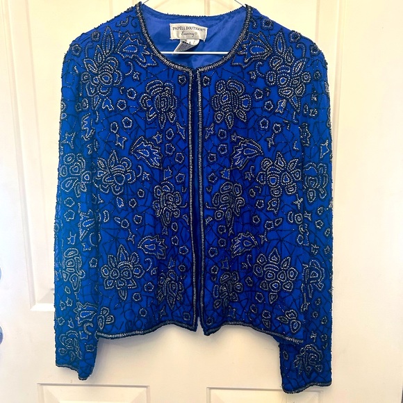 Adrianna Papell Jackets & Blazers - NWT Vintage 1980s Pappell Boutique blue beaded jacket size L. Cabbage Rose theme